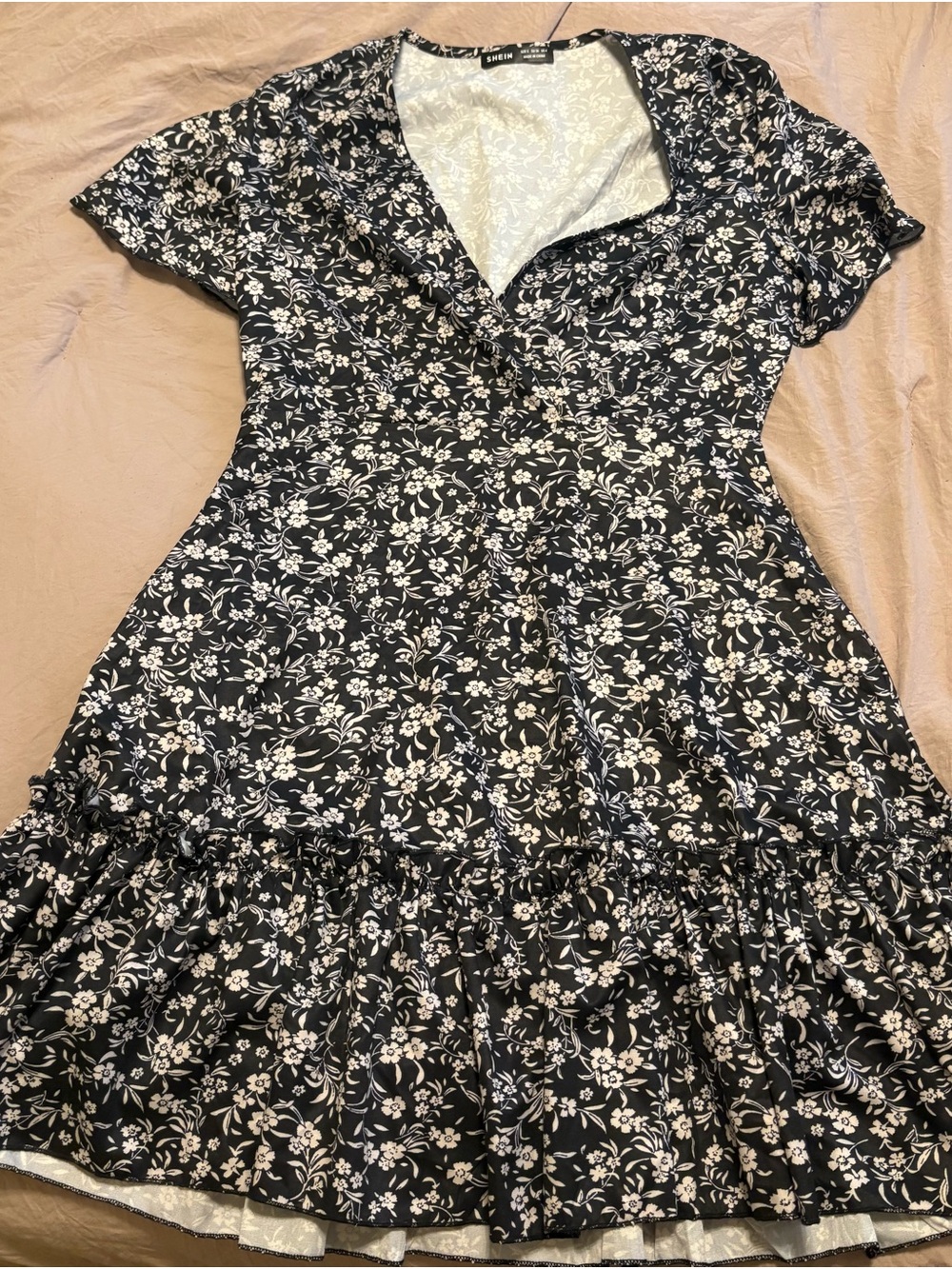 Black Floral V-Neck Ruffled Women's Dress